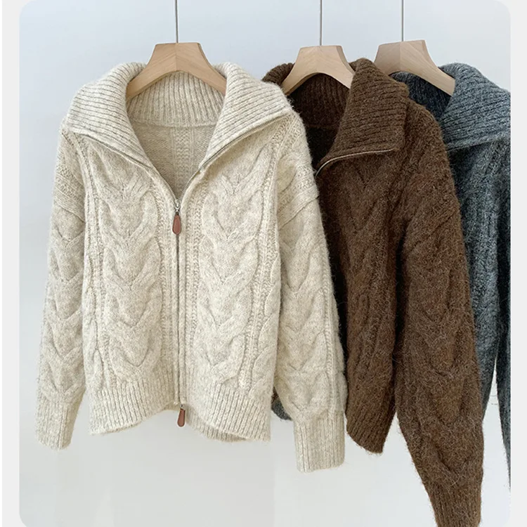 Korean Version Solid Color Long-sleeved Double-zipper Twist Sweater Women's 2026 Winter Lapel Thickened Knitted Cardigan Top