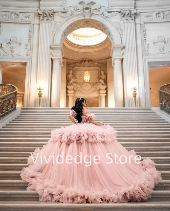 Personalizado rosa princesa sem alças espartilho vestidos de baile 15 anos quinceanera vestido glitter frisado apliques vestidos de noite