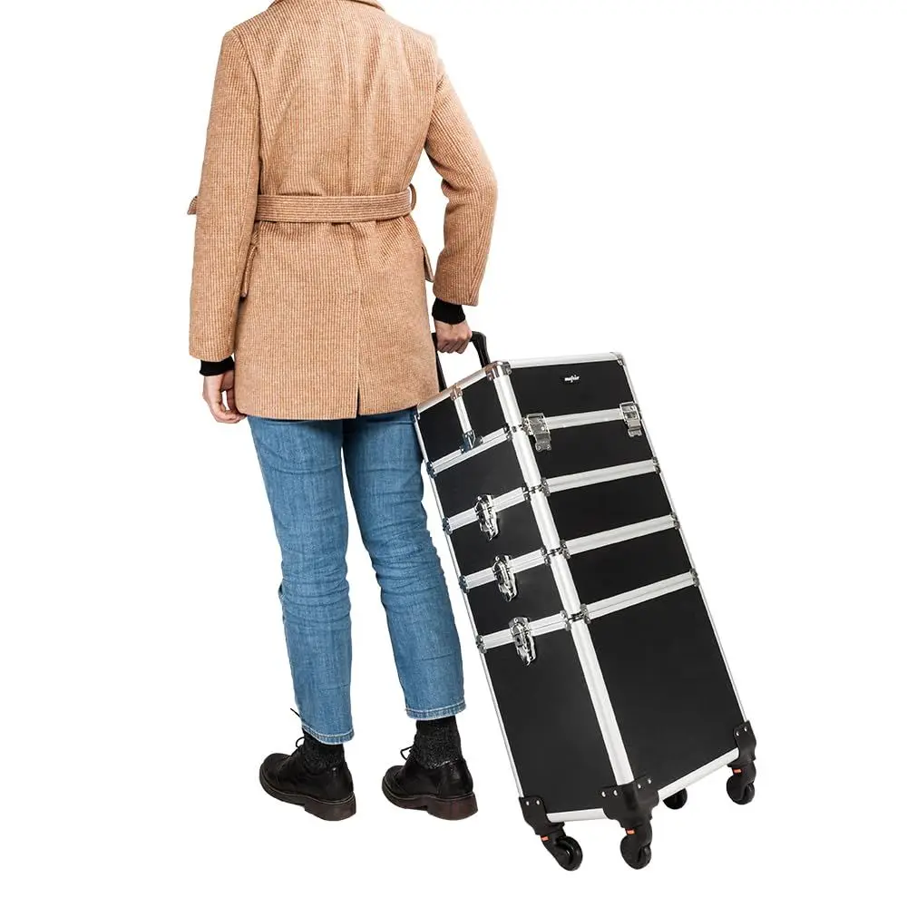 حقيبة قطار مكياج دوارة 4 في 1 من الألومنيوم، منظم سفر محمول بعجلات، حقيبة تخزين مستحضرات التجميل قابلة للقفل (أسود)