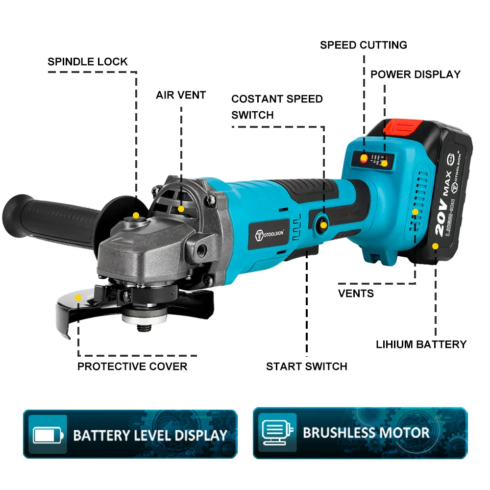Powerful Electric Brushless Angle Grinder with 20V Cordless Lithium Ion Battery for Cutting and Grinding Abrasive Cutting-Off