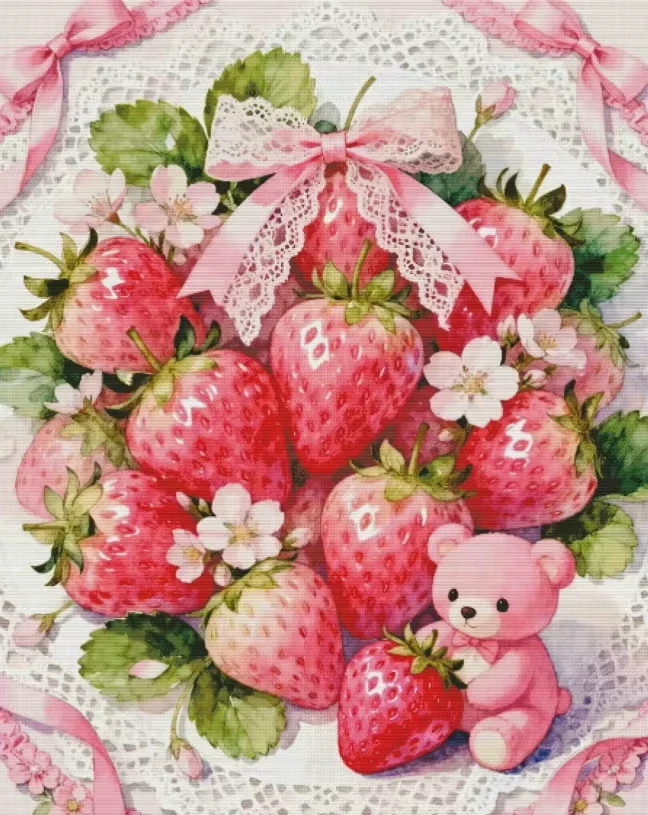 DIY Sweet Strawberry Bear Diamond Painting, Pastel Pink Fruit Lace Art For Living Room Wall Decoration Handmade Gift