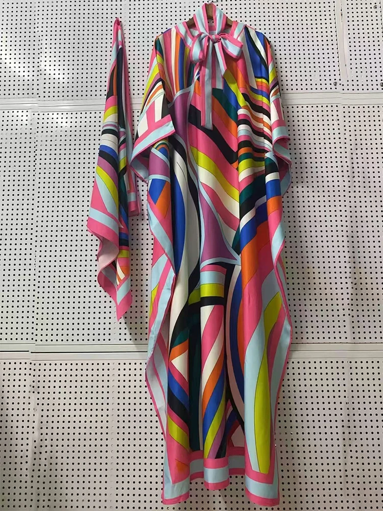 

Свободное платье с круглым вырезом и рукавами «летучая мышь» в стиле ретро, весна 202, женское прямое платье со шнуровкой на талии + шелковый шарф