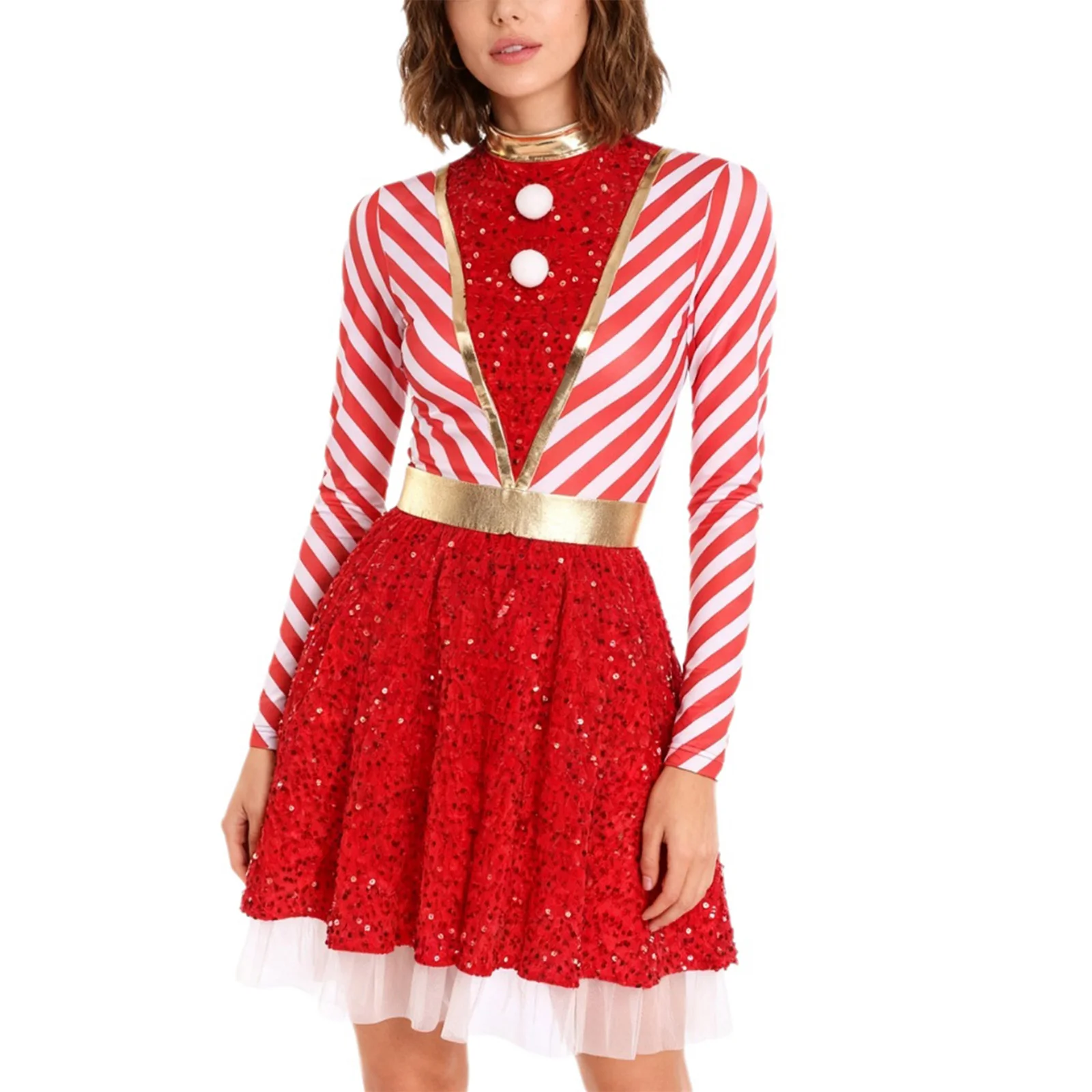 

Women Christmas Party Dress with Pompom Accents And Striped Patchwork Design Flowy Mesh Tutu Skirt for Xmas Holiday Celebrations