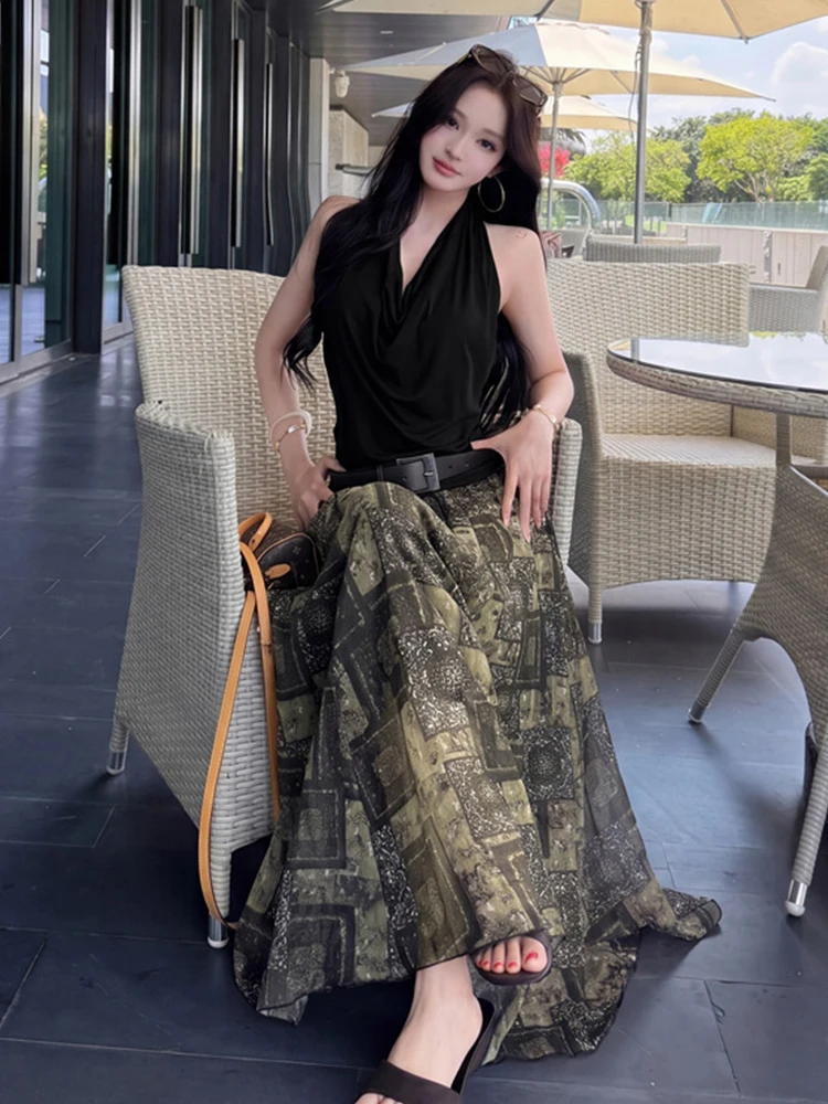 Elegant 2 Piece Outfit Women Sexy Halter Backless Tops And Retro Print Belt A-Line Maxi Skirt Summer Elegant Beach Vacation Set