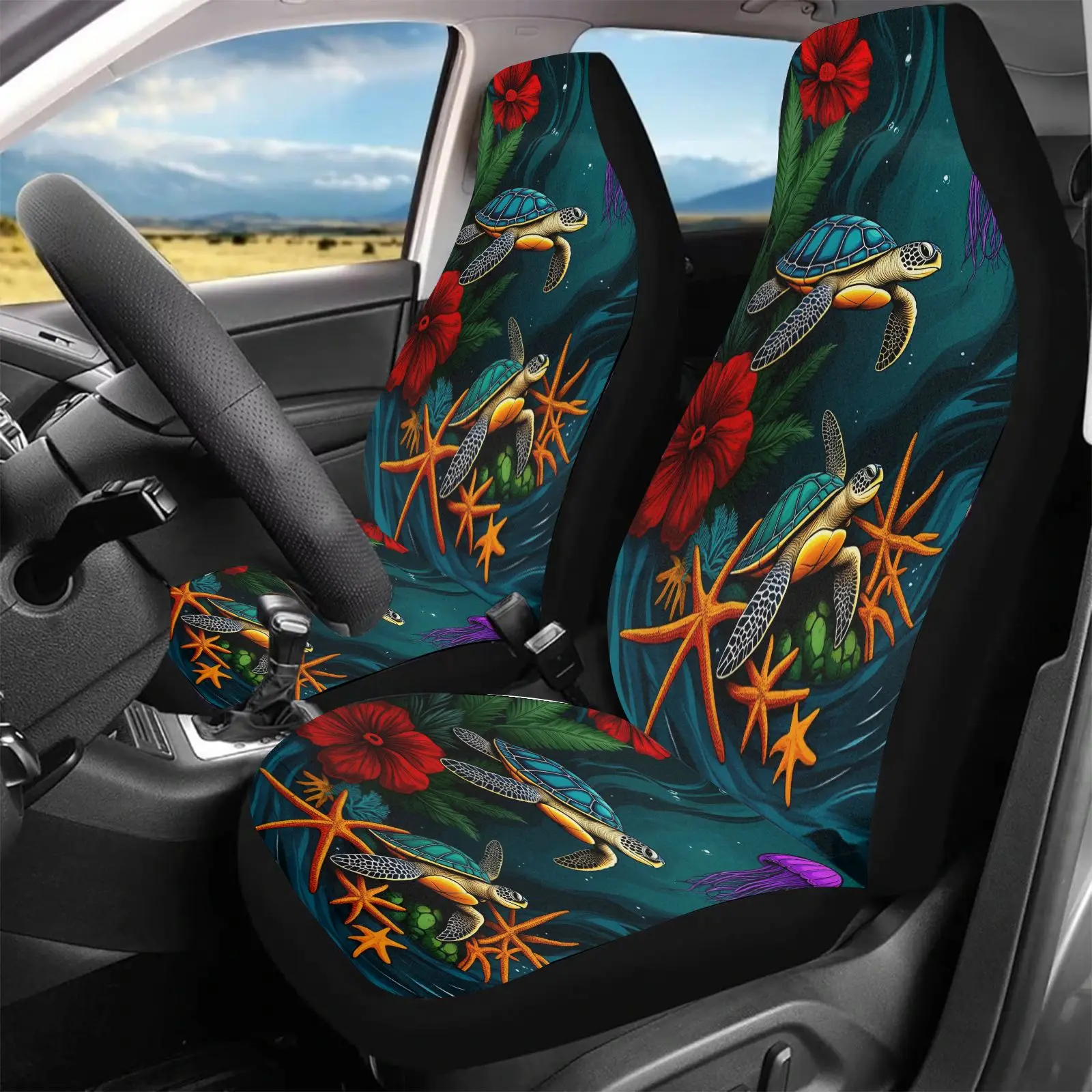 Black Sea Turtle And Starfish Floral Design Car Seat Covers For Interior Decoration