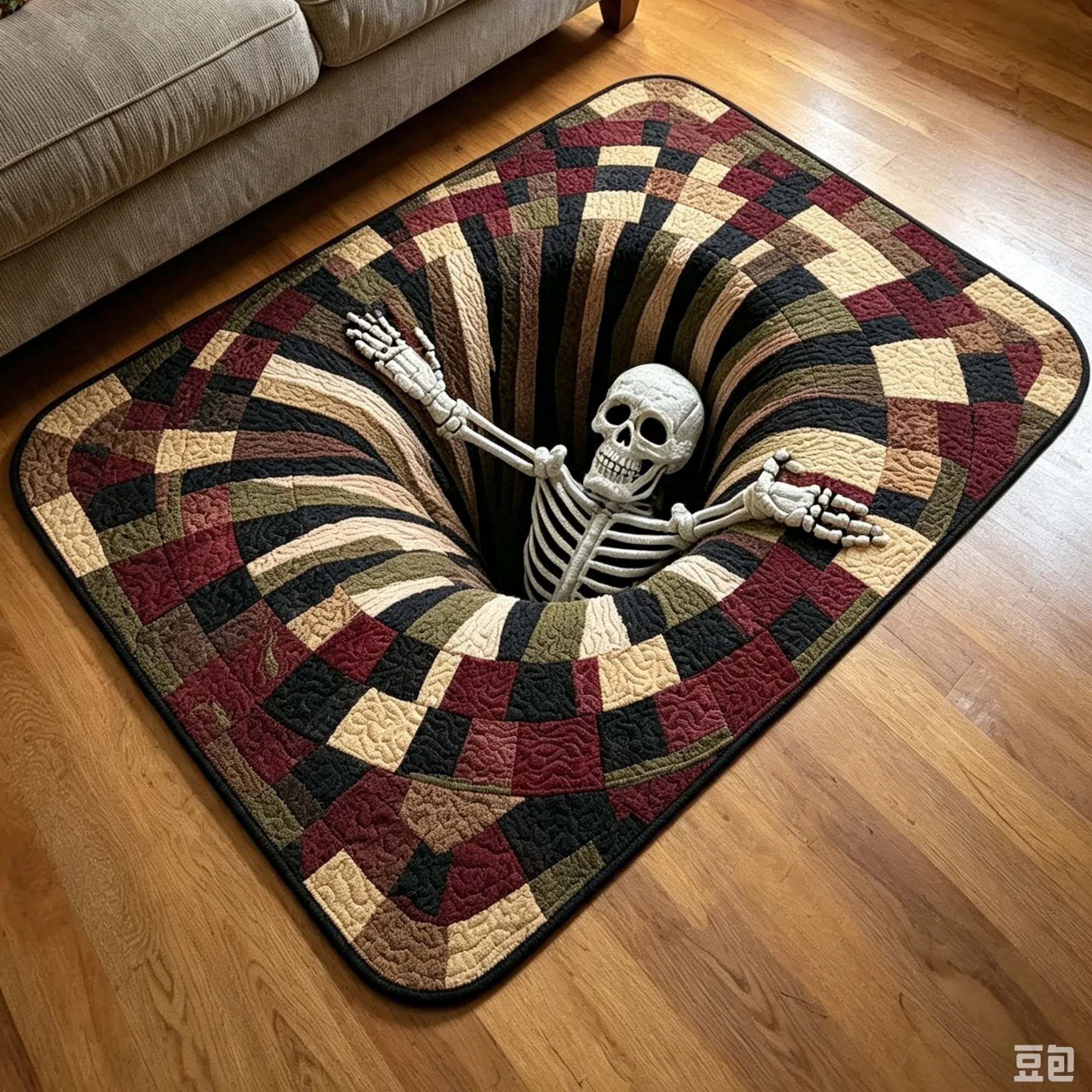 Flannel Rectangular 2D Skeleton Hole Optical Illusion Door Mat Entrance Rug Halloween Spiral Print Living‑Room Decor Floor Mat