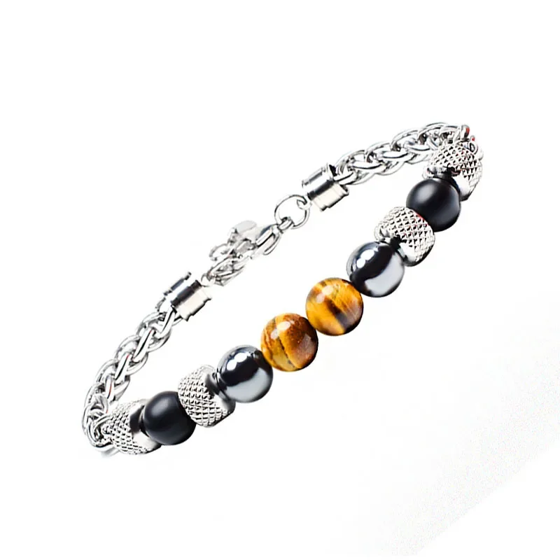 Men Stainless Steel Cuban Link Bracelet with Natural Tiger Eye Sodalite Hiphop Rock Jewelry Hematite Stone Healing Braclet Joias