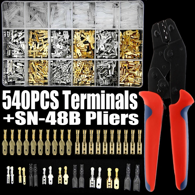 540Pcs 2.8/4.8/6.3mm Insulated Crimp Terminals Kit Seal Electrical Wire Connectors Crimp Terminal Connector with SN-48B Pliers