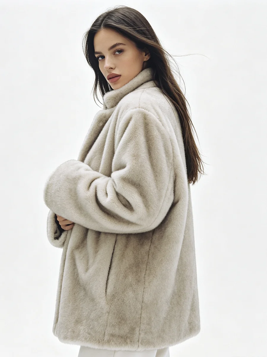 Women Apricot Faux Mink Fur Coat Stand Collar Button Up Loose Mid Length Fluffy Plush Jacket Winter Warm Lady Outerwear