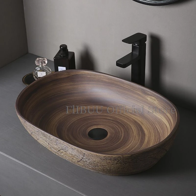 

Retro Art Ceramic Bathroom Vessel Sink Bowl Above Counter Single Sink Lavatory Wash Hand Basin Household Countertop Wash Basin