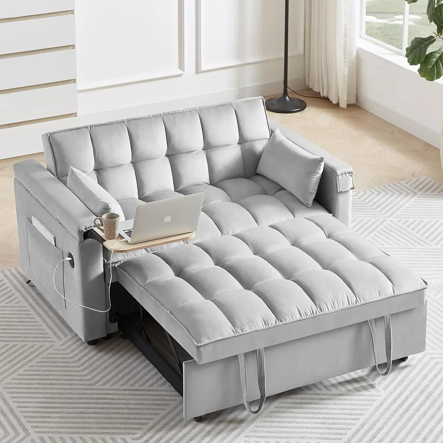 Convertible Sofa Bed,3-in-1 Velvet Sleeper Couch Pull-Out Bed,55'' Sleeper Sofa Bed with Adjustable Backrest with 2