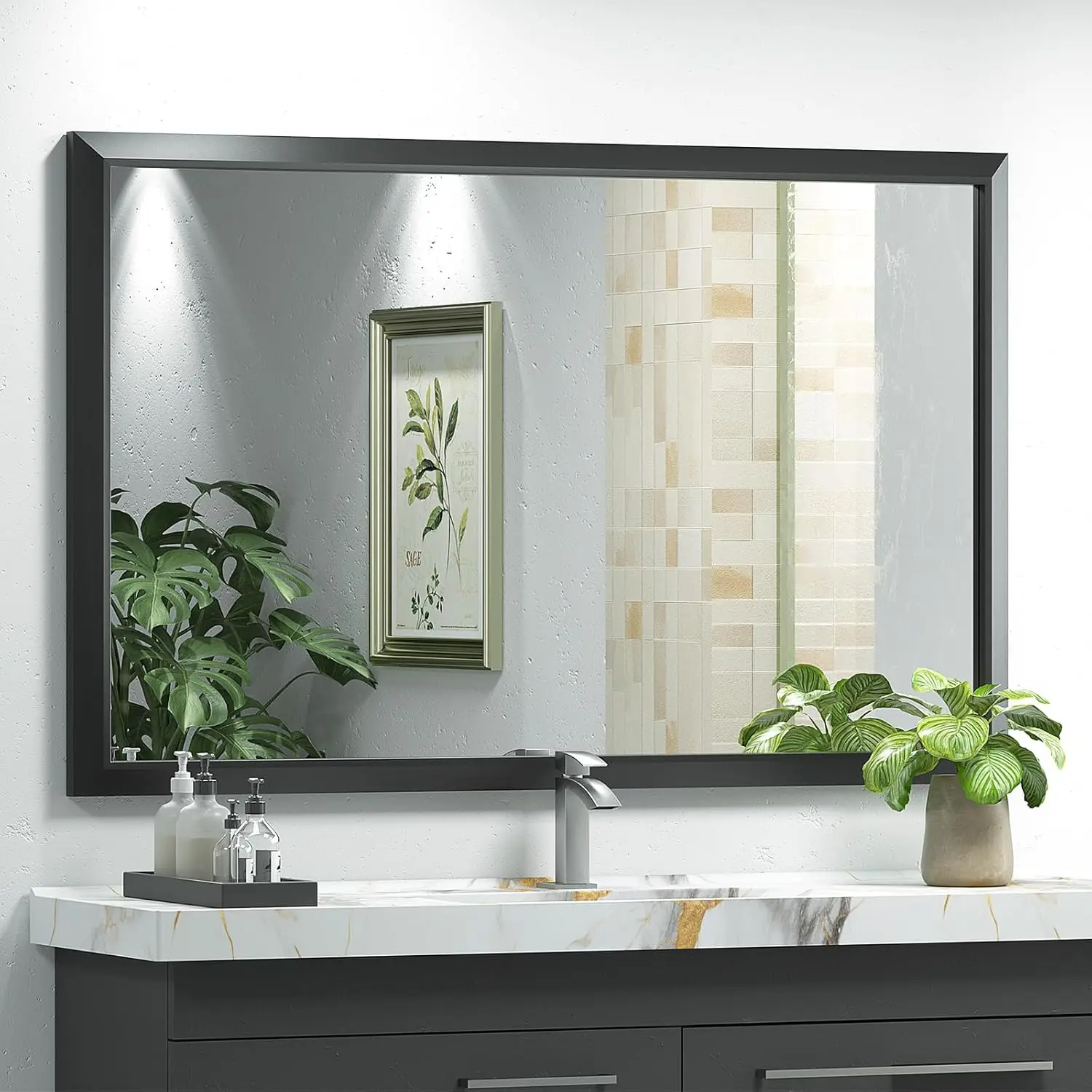 48x40 Inch Matte Black Bathroom Mirrors for Over Sink, Metal Framed Vanity Mirror for Wall, Rectangular, Right Angle Corner, Thi