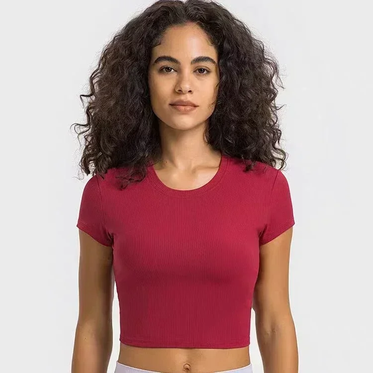 Lemon Solid Color Short Sleeve Ribbing Fabric Women Fitness Crop Top Workout Tops Gym Clothes Sportswear Running T- shirts