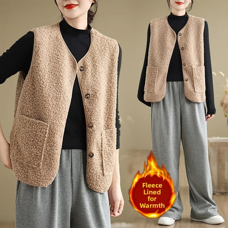 

Ladies' Loose Fit Lamb Fur Vest Outerwear Single Button Warm Trendy Top for Autumn Winter New Sle Versatile Faionable