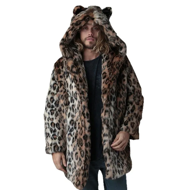 Jaket Bulu Imitasi Pria Mantel Musim Dingin Tebal Berkerudung Motif Leopard Panjang Sedang Hangat Telinga Mantel Vintage Longgar Kasual 2025 Pakaian Luar