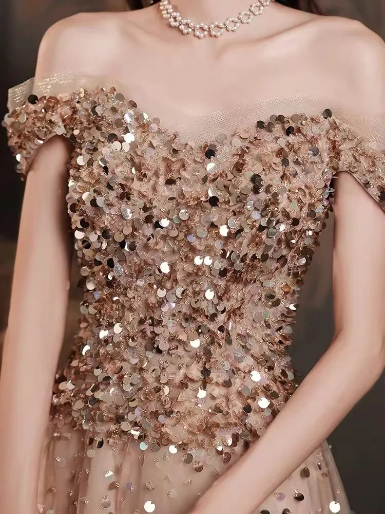 Abiti da sera di lusso in oro champagne A-Line con spalle scoperte Perline Paillettes Abiti da cerimonia lunghi per cerimonia formale da sposa 2025