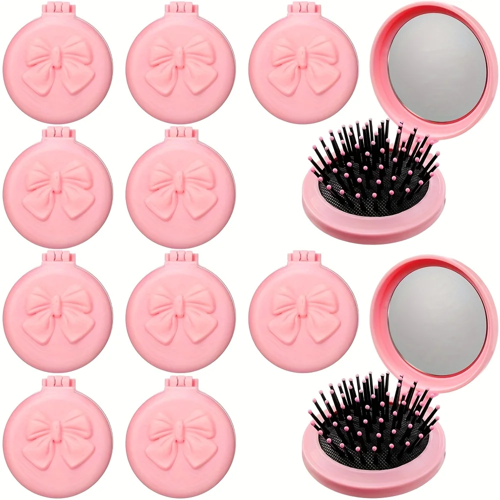 2/6/12-teiliges Rosa Mini-Haarbürsten-Set mit Schleife & Klappspiegel, Reisegröße, Geschenk für Frauen, Hochzeit, SPA, Party – Detail 1