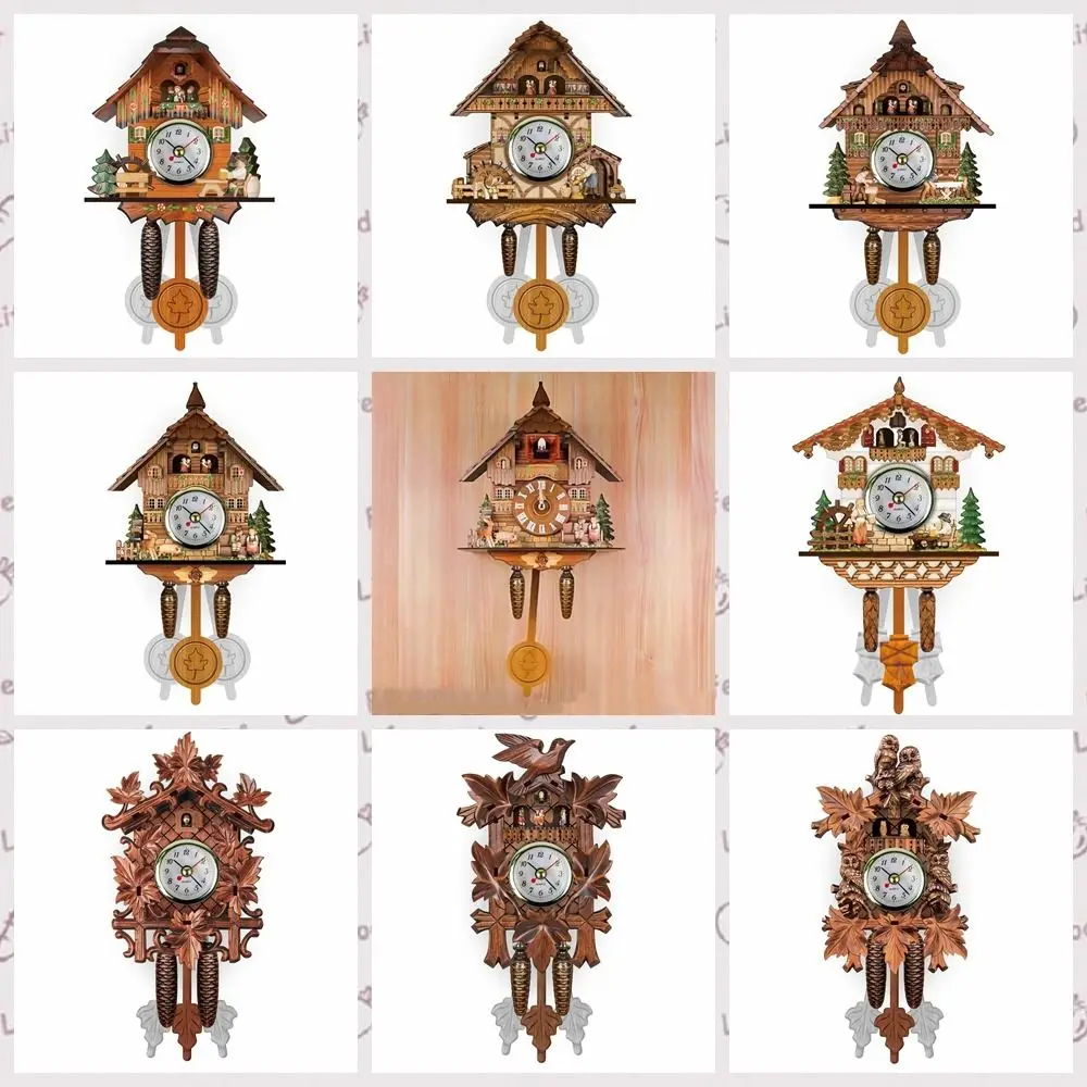 Retro Wooden Cuckoo Clock Living Room Wall Decorations Forest Tower Art Craft Ornaments Creative Bird Shape Clock