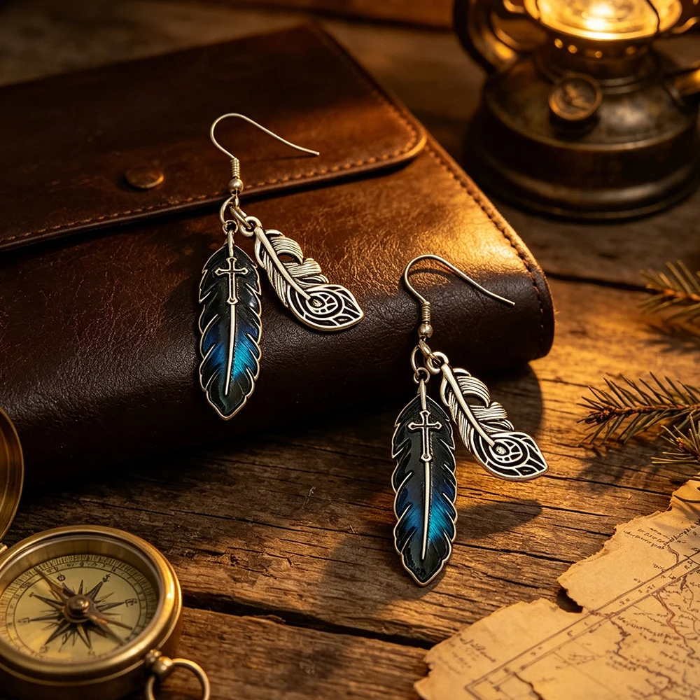 Vintage distressed silver double feather cross dangle earrings, blue and black enamel, western style, unique long earrings for women
