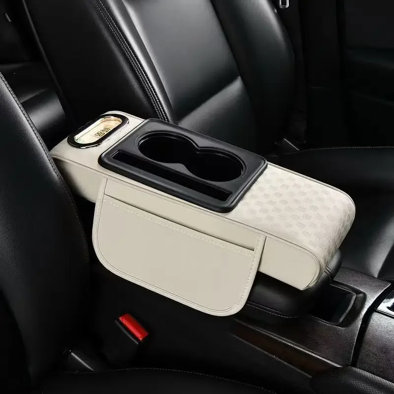1pc PU Leather Car Center Armrest Box Cushion with Double Storage Pockets, Universal Height Pad Car Interior Accessories