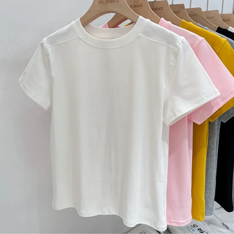 지아이스 솔리드 베이직 반팔 여성 티셔츠 2025 캐주얼 루즈 O넥 패션 탑 티셔츠 여성 한국 티셔츠 스트릿웨어