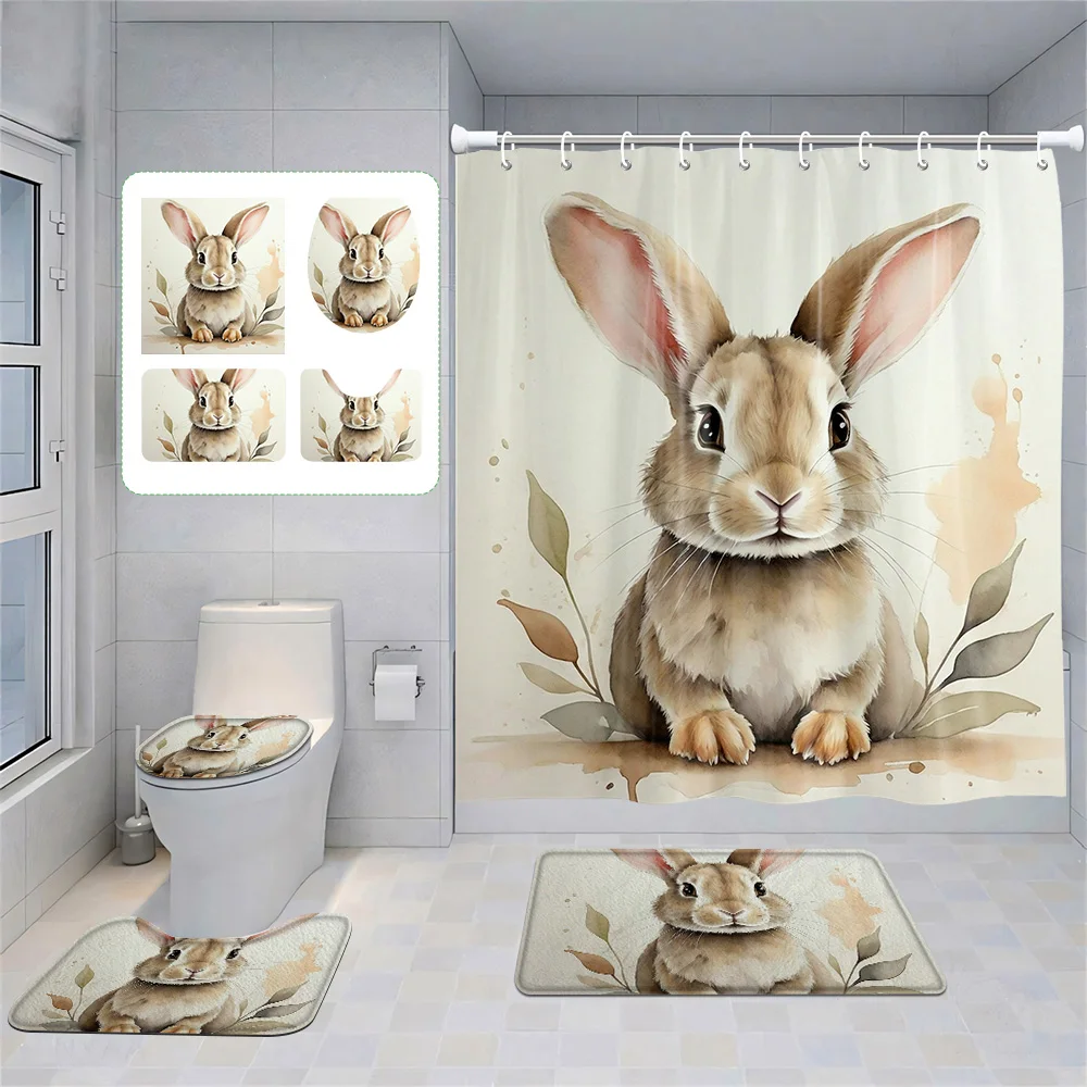

Nordic Green Plant Animal Theme Shower Curtain suit Waterproof Mildew-proof Bathroom Curtain Non-slip Mat Home Decoration