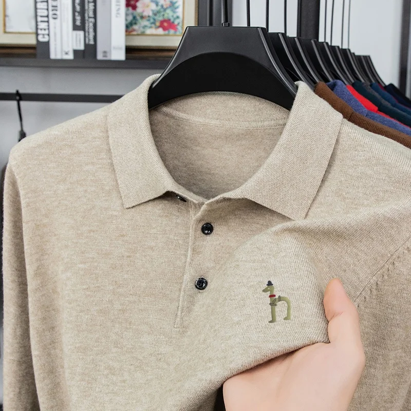

Autumn Winter New Men's Lapel Pullover Knitwear Quality High End Solid Color Dog Print Sweater Fashion Business Office Menswear