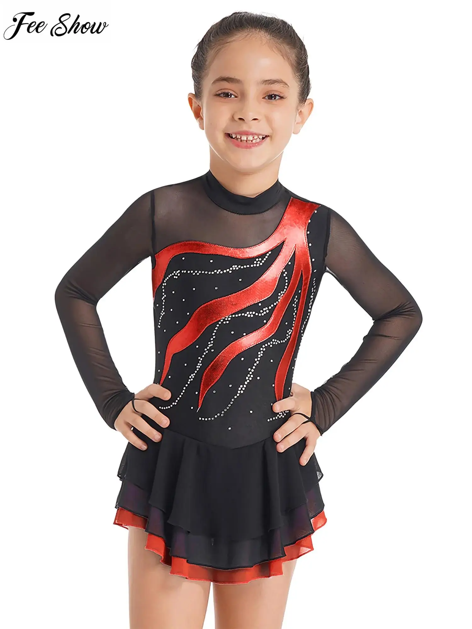 Kids Girls Ballet Dance Leotard Long Sleeve Round Neckline Rhinestone Decorated Patchwork Style Hollow Back Dance Dress