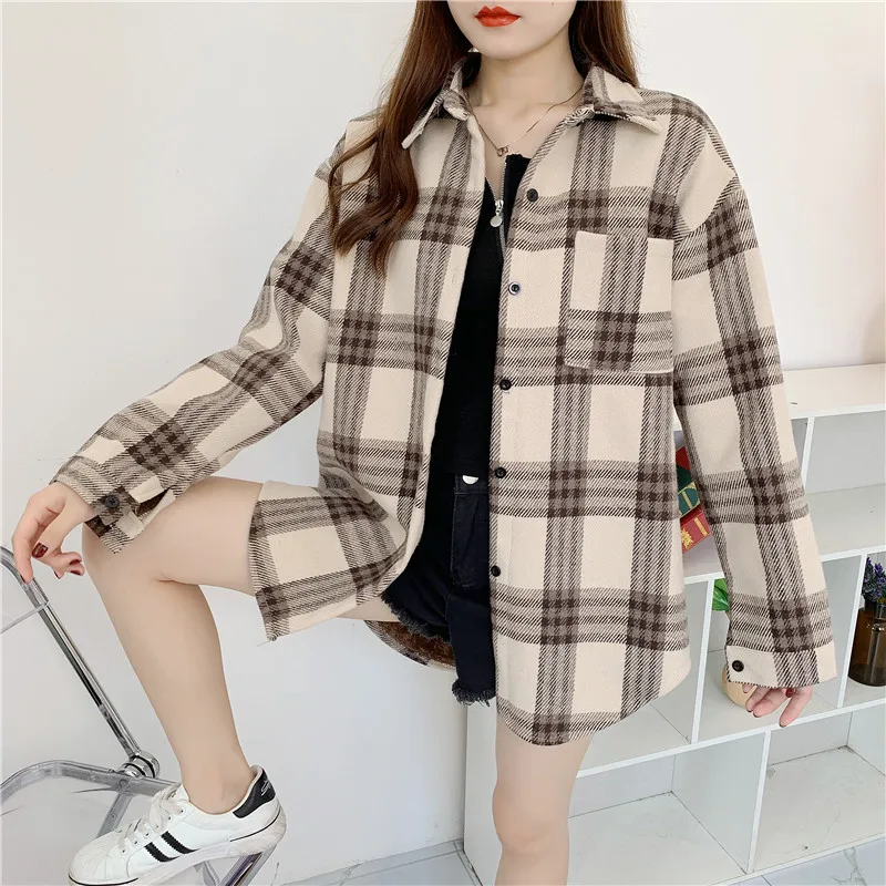 Velvet Thick Warm Women\'s Winter Plaid Shirt Female Long Sleeve Tops S-XL Fleece Casual Check Blouse Autumn Women Clothes KN551