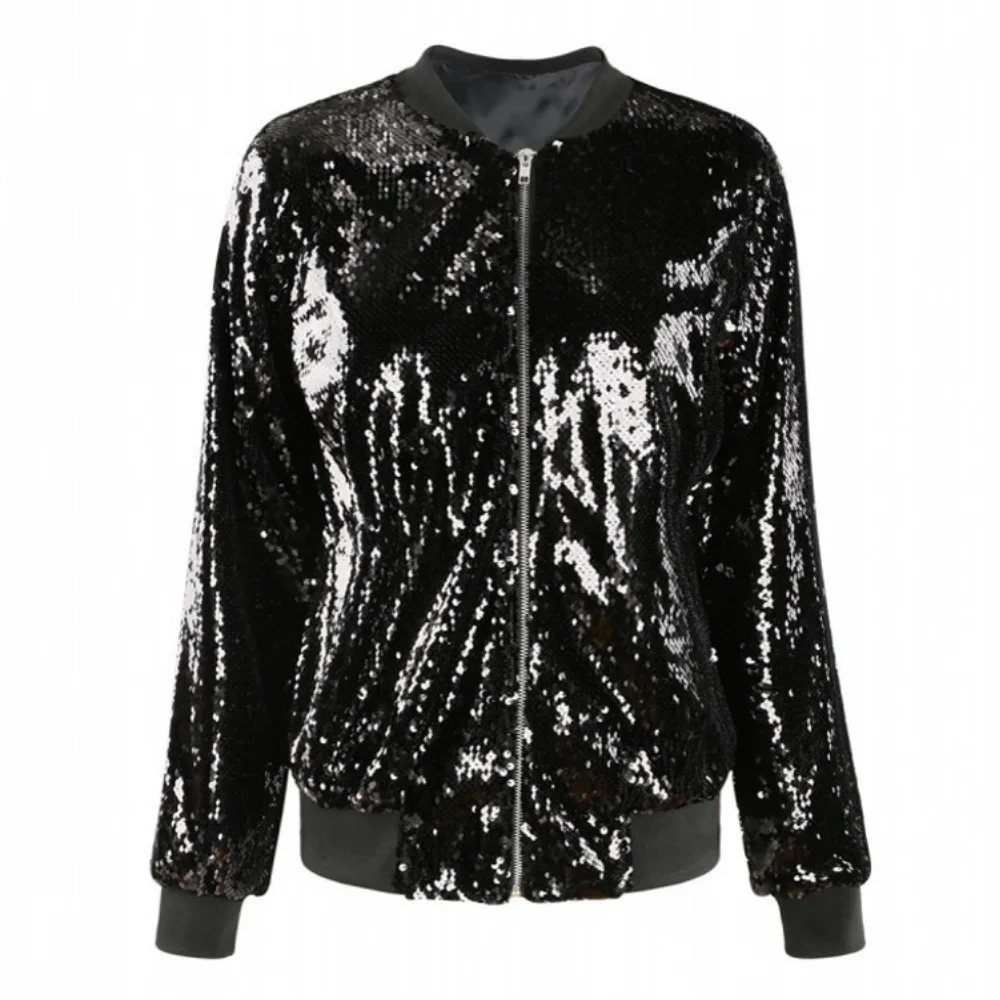 Coat Women\'s Autumn Sequin Jacket Loose Sequin Baseball Jackets Stage Performance Shiny Tops Casacos Feminino