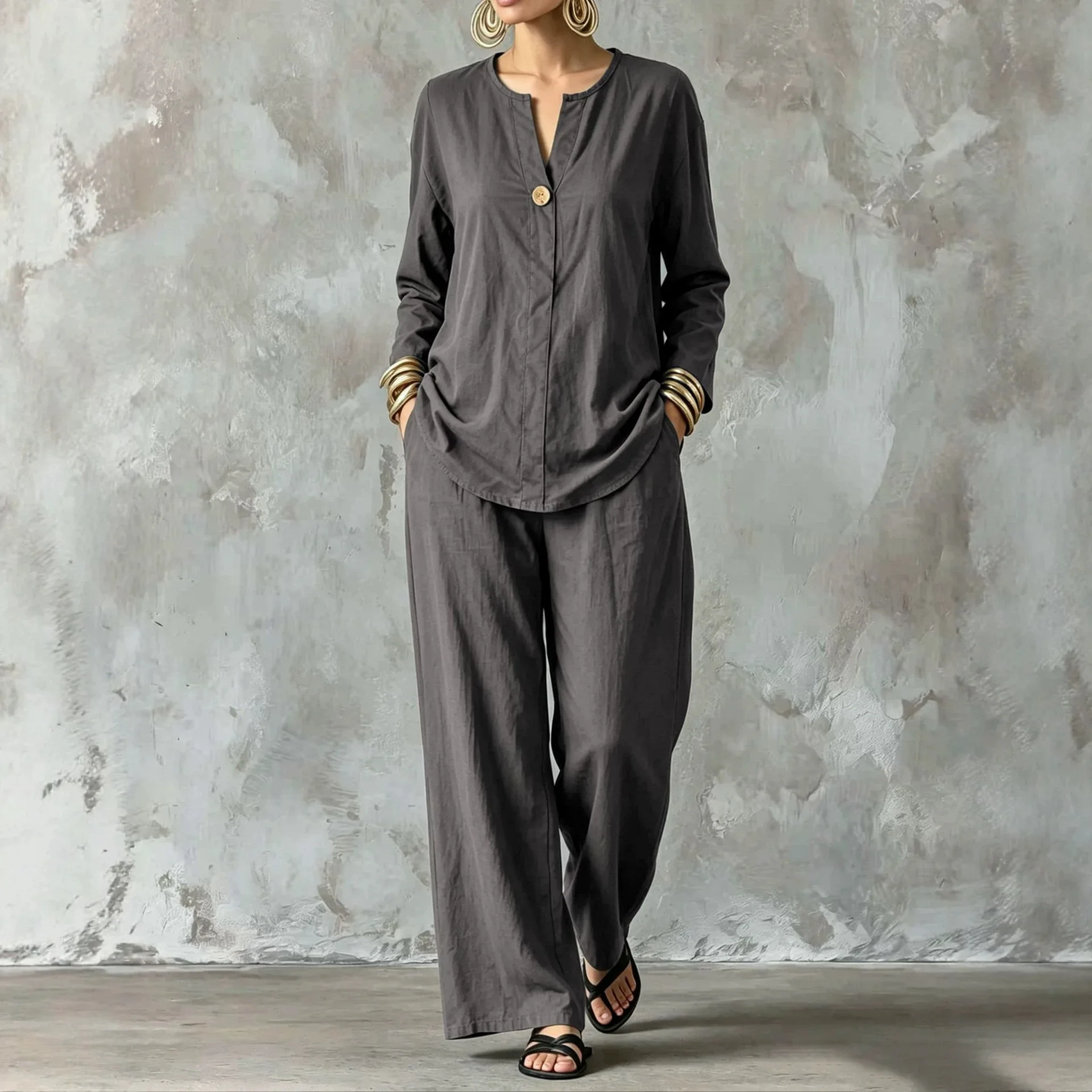 Cotton Linen Loose Shirt Blouse Top with Pocket Wide Leg Pants Matching Set Spring Summer Casual Suits