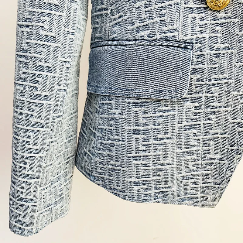 Elegant Lion Head Gold Button Blazer Jacket Women Labyrinth Jacquard Denim New in Outerwears Ladies Long Sleeves Lapel Slim Suit