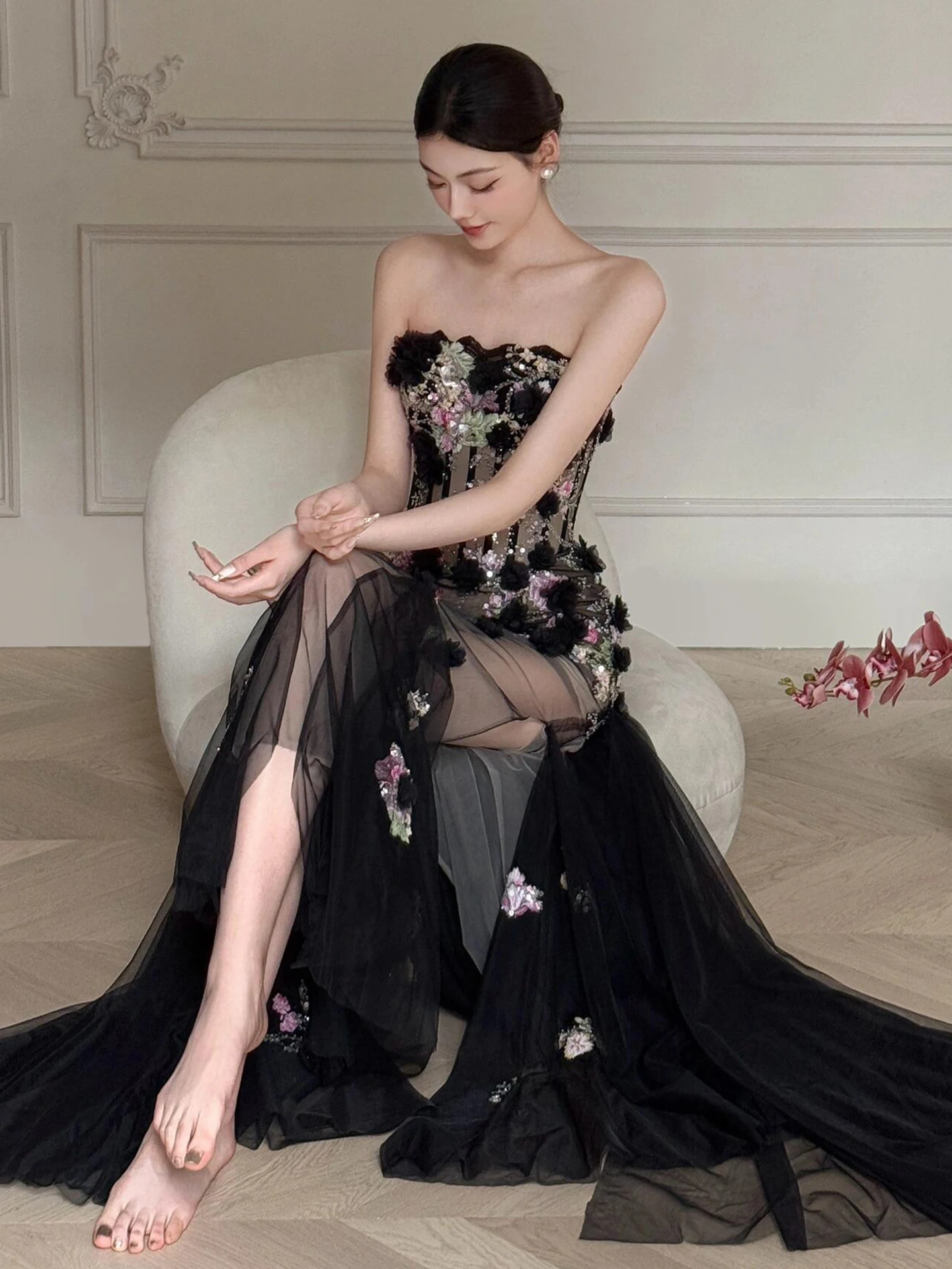 L & P DQL Studio Sexy noir robes de soirée sans bretelles fermeture éclair dos Tulle avec broderie fleurs perles paillettes cristal robe de soirée