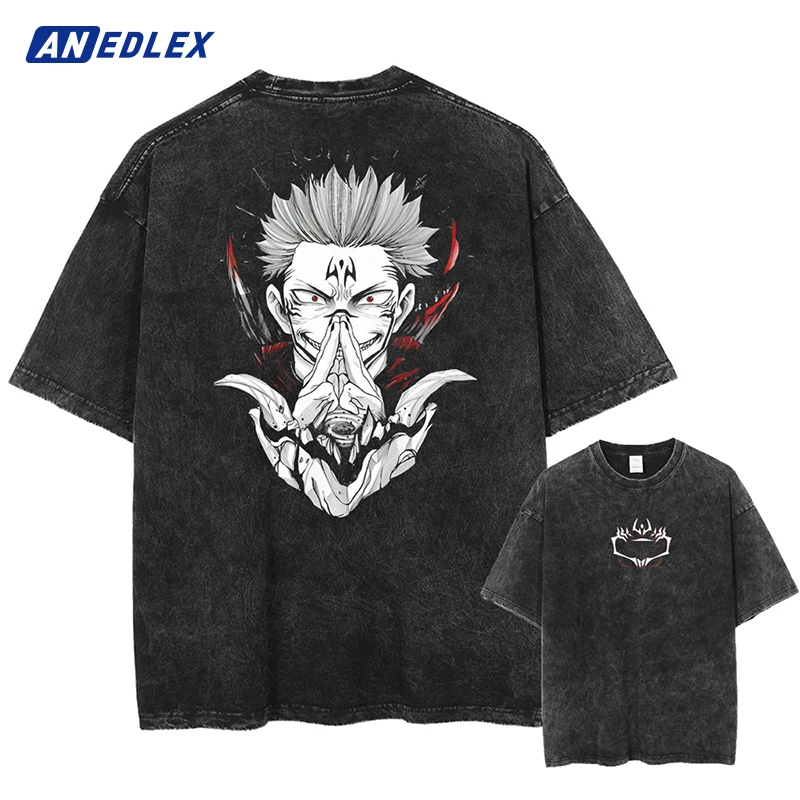 

Japanese Anime Graphic Print T Shirt Men Washed Vintage T-Shirt Streetwear Summer Short Sleeve Tshirt Harajuku Cotton Tees