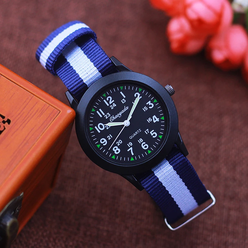 Fashion Women Man Canvas Color Stripes Strap Watches Children 24 Hours Quartz Luminous Pointer Students Cool Waterproof Watches