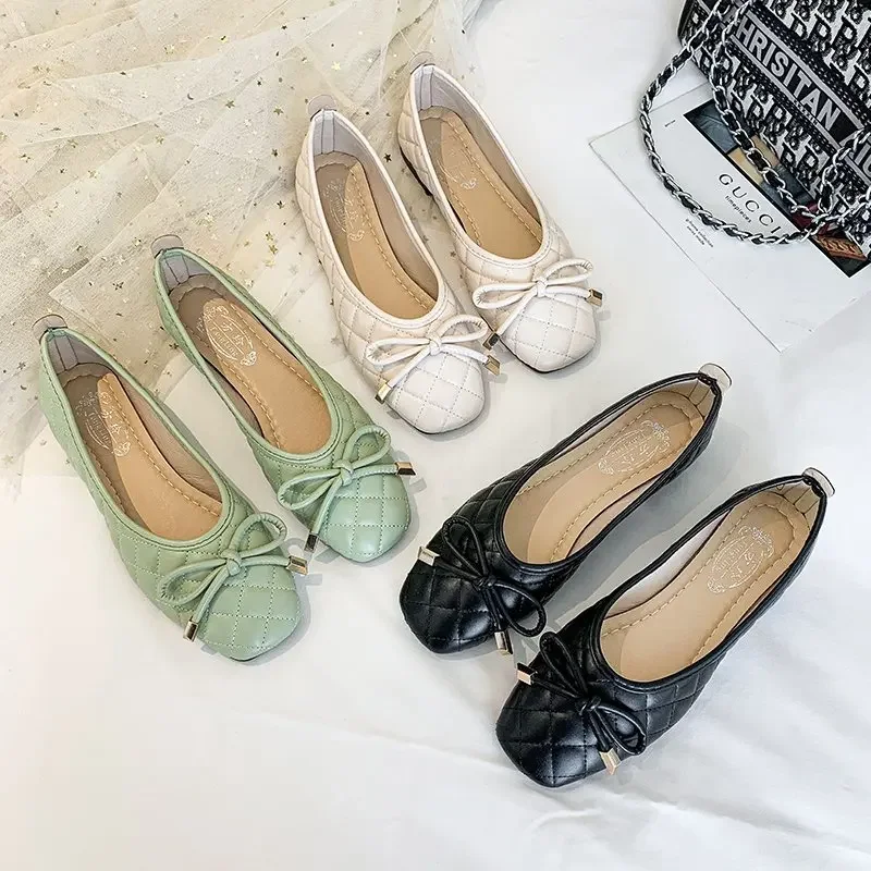 Sepatu Perahu Kasual Wanita Sepatu Balet Flat Kain Lentur Simpul Kupu-kupu Bersirkulasi Jari Kaki Persegi Loafers Rendah