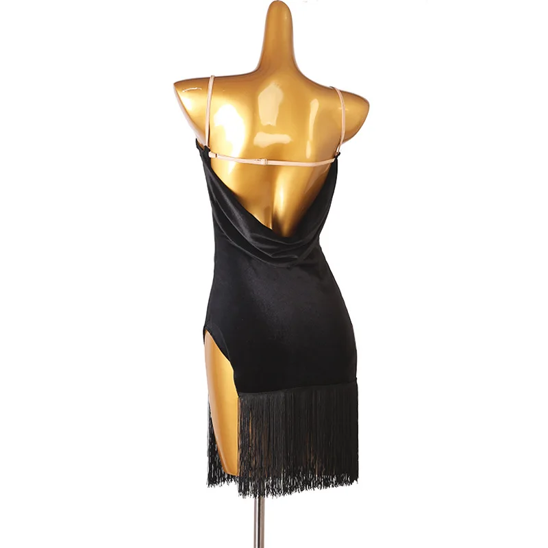 Latin Dance Performance Competition Uniform Latin Dance Dress Tassel Three Steps Square Dance Black L214