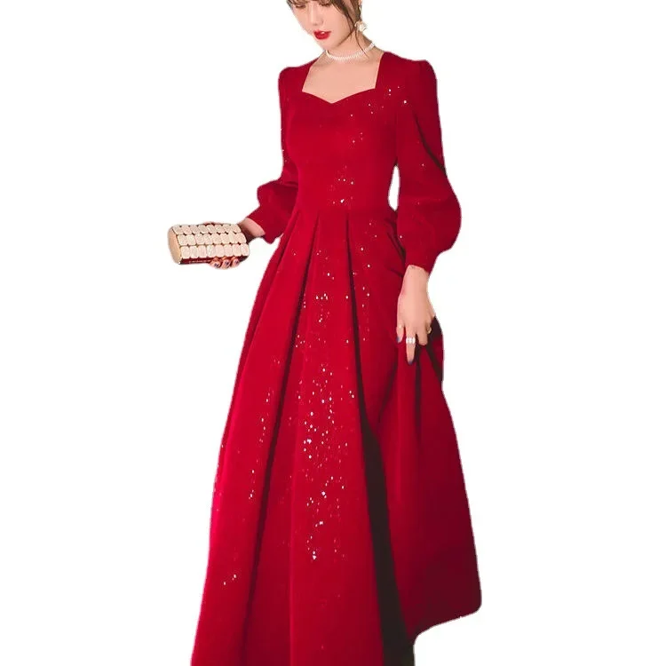 Elegant Red Sequins Midi Dress Women Vintage V-neck Formal Occasions Evening Party Dresses Fashion Chic Design New in Dresses