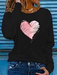 Heart Love Print Crew Neck T shirt Casual Autumn winter top women's long sleeved T-shirt loose comfortable black  white