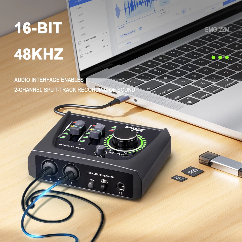 BOMGE 22M Mini 2 قناة USB واجهة الصوت مع XLR 6.35mm 48V الطاقة الوهمية للتسجيل والبث والبودكاست والمغنيين #3