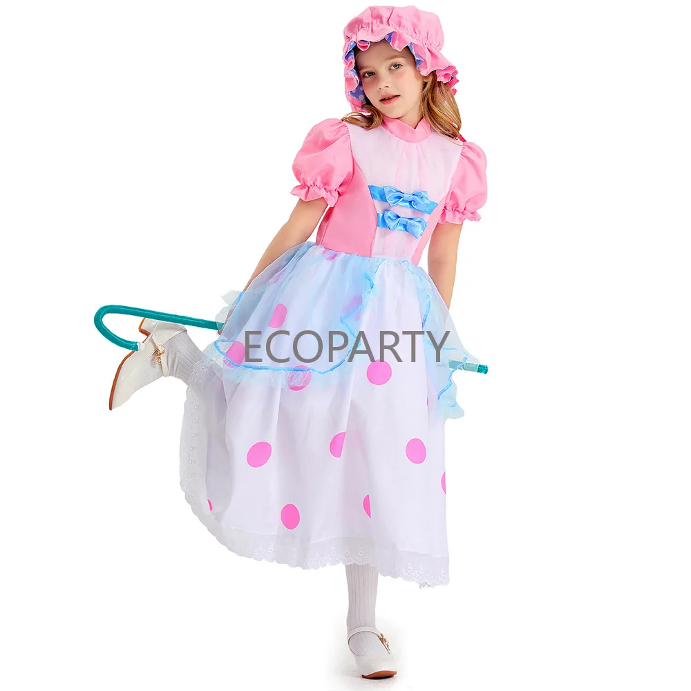 

Anime Cartoon Character Bo Peep Cosplay Costume Girls Princess Pink Polka Dot Dress with Hat Halloween Fancy Dress