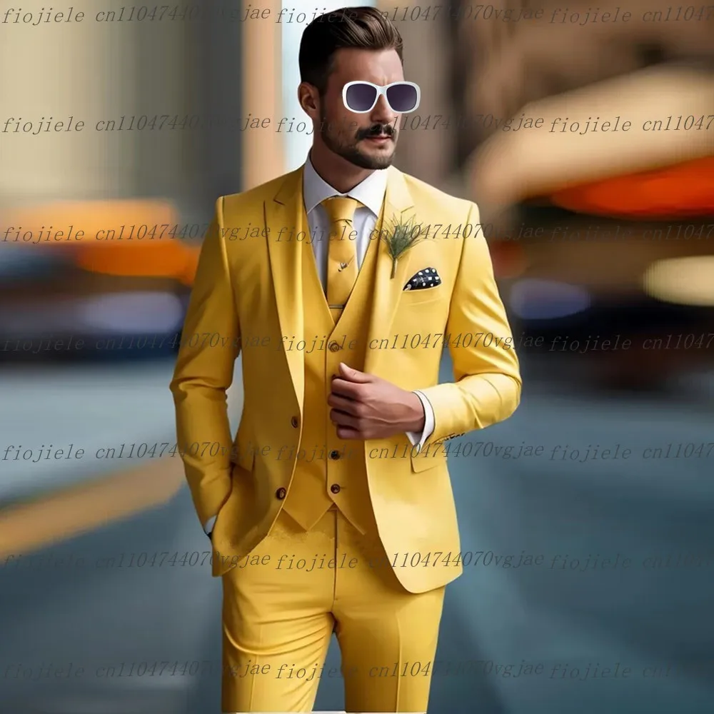 

Yellow Formal Occasion Men Suit Wedding Party Groom Groomsman Business Male Tuxedos Customize 3 Piece Set Jacket Vest Pants
