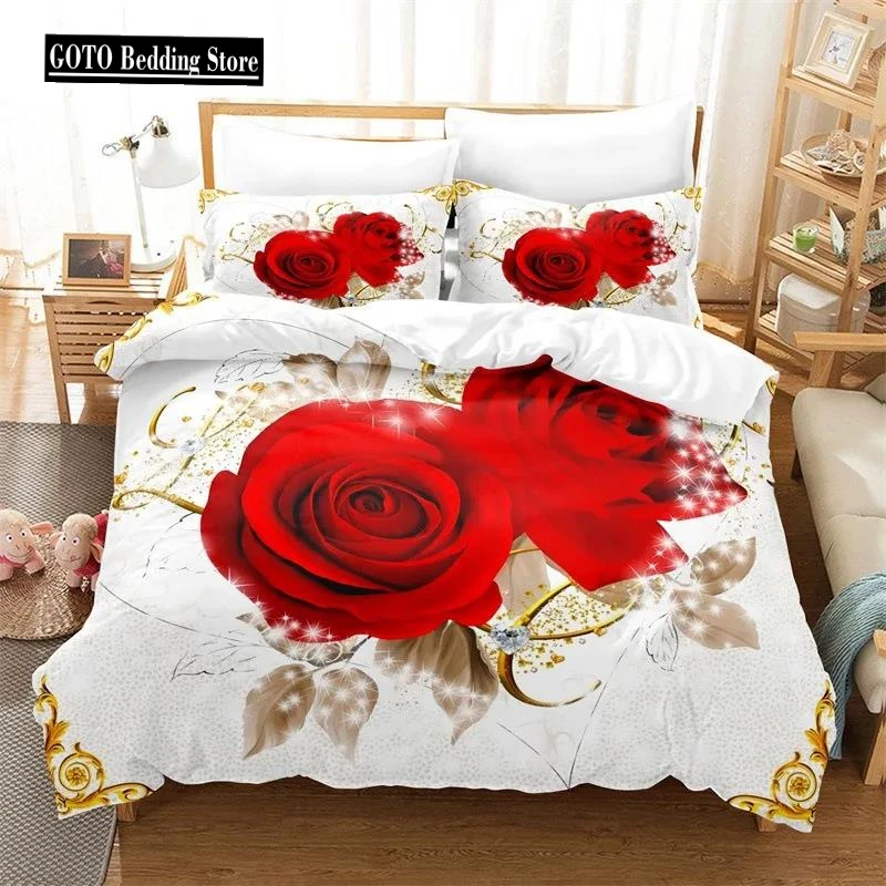 Red Rose Flower Duvet Cover with Pillows Case Wedding/Get Married Comforter Bedding Sets for Queen Bedroom Set Women Double Size