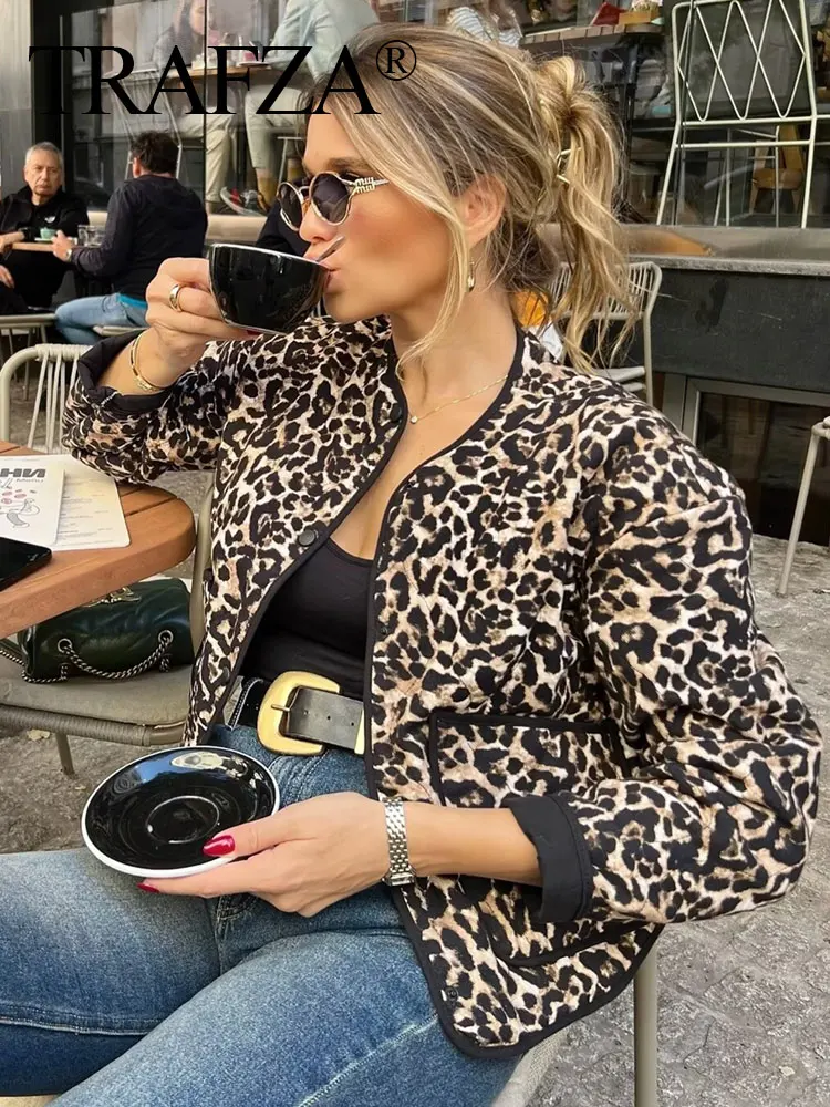 TRAFZA 2024 Woman Leopard Print Long Sleeves Pockets Single-Breasted Decorate Casual Loose Coat Women Winter Cotton Coats