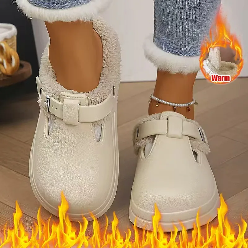2026 Zapatillas EVA impermeables de invierno para mujer, pantuflas peludas de felpa cálidas, toboganes interiores con hebilla de Metal de fondo grueso antideslizante