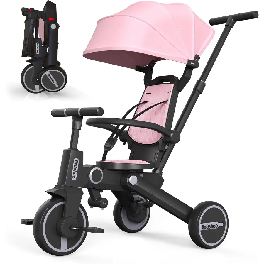 幼児用三輪車ベビーカー 折りたたみ式ベビー三輪車バランスバイク プッシュハンドル付き幼児用ベビーカーバイク 1歳から5歳向け 7インチ