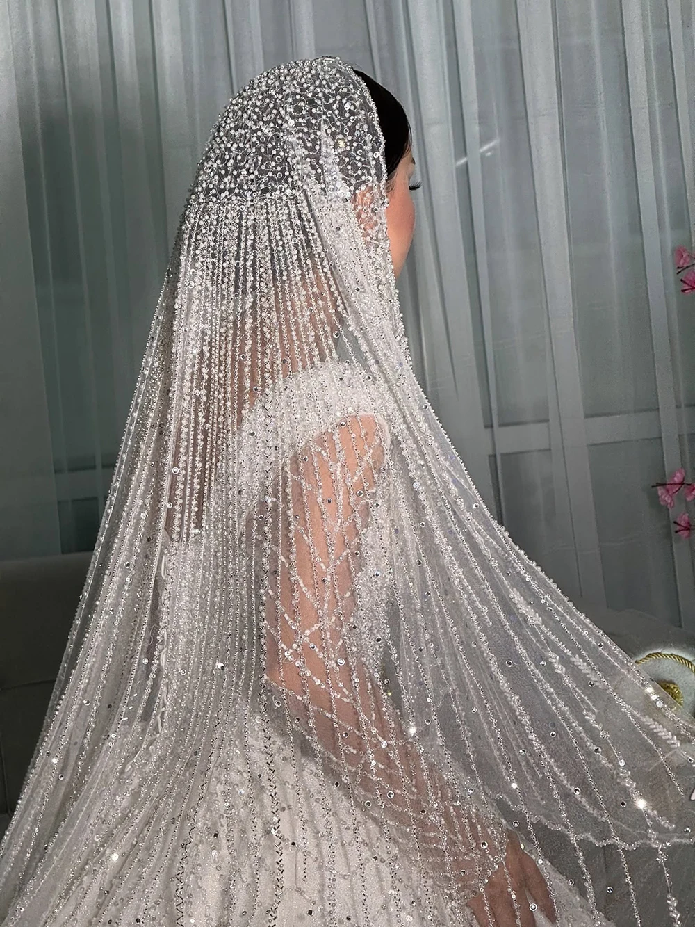 Graceful Wedding Veils Beads Sequined Lace One Layer Bride Complementos De Boda Velo De Novia Custom Made Bridal Accessories image 3