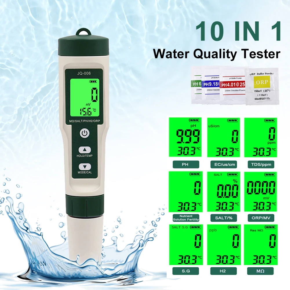 10 in1 Water Quality Tester PH/TDS/SALT/SG/ORP/EC/Hydrogen/Resistivity/TEMP/Nutrient Multifunction Testing Pen for Pool Aquarium