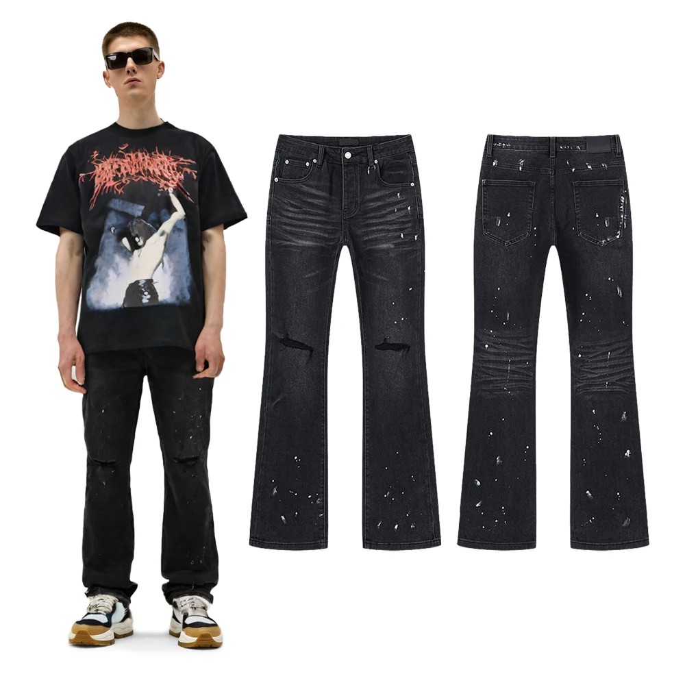 

Y2k Streetwear Flared Jeans with Spary Print Hiphop Street Style Casual Cotton Vintage Distressed Ripped Hole Baggy Flared Pants