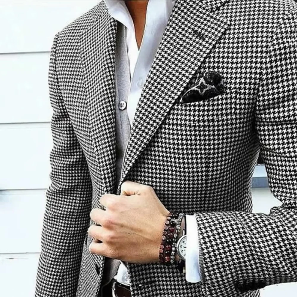 

Italian Style Houndstooth Blazer for Men Casual Lapel Engraved Unique Wedding Coat